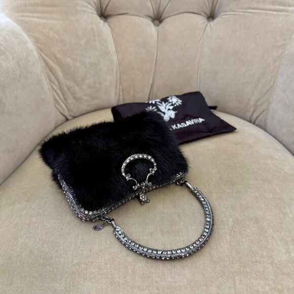 VTG Auth CLARA KASAVINA Genuine Mink Fur & Swarovski Crystal Minaudiere Bag - Picture 4 of 8